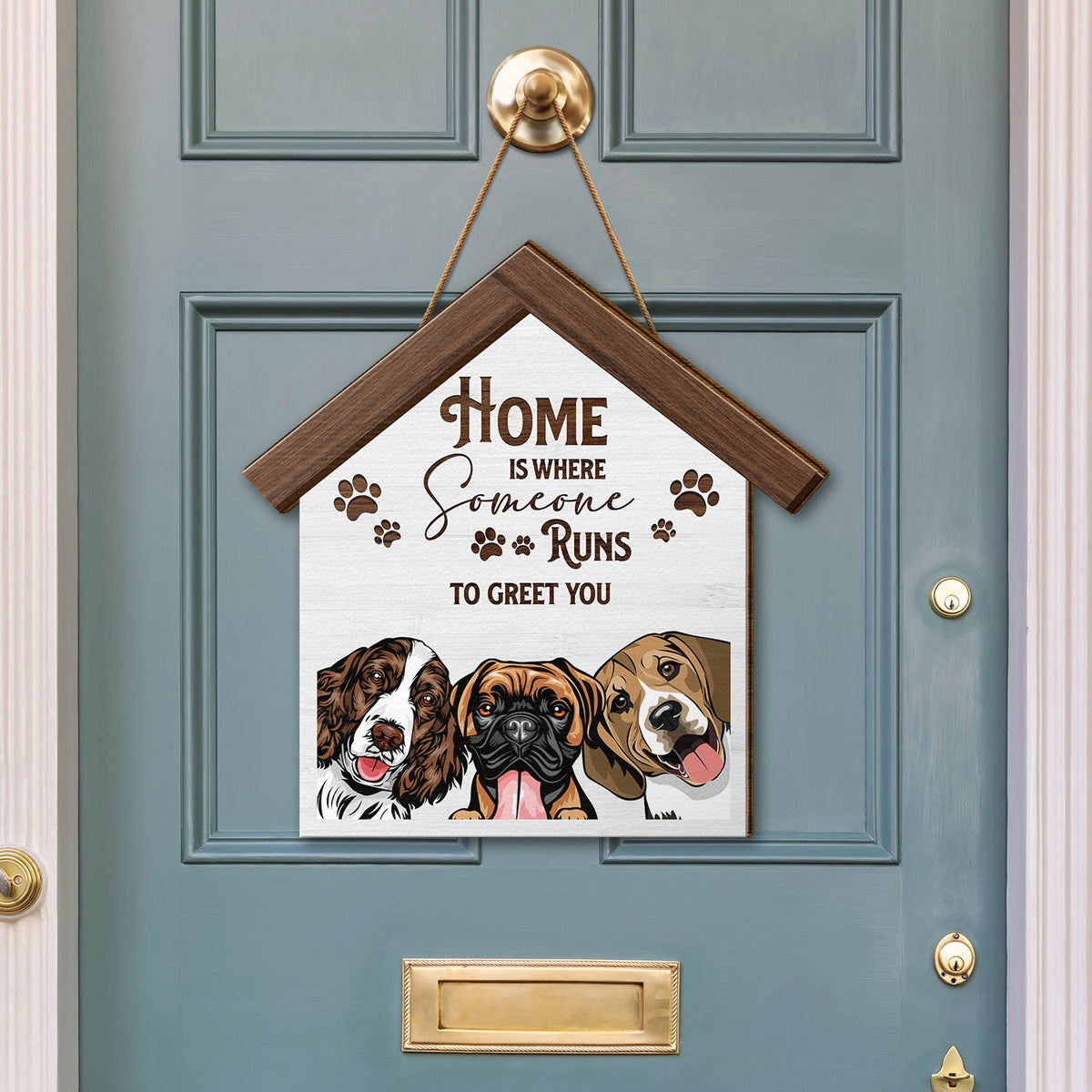 Home Is Where Someone Runs To Greet You - Birthday, Decor Gift For Dog Lovers, Dog Moms, Dog Dads, Pet Lovers - Personalized Custom Shaped Wood Sign