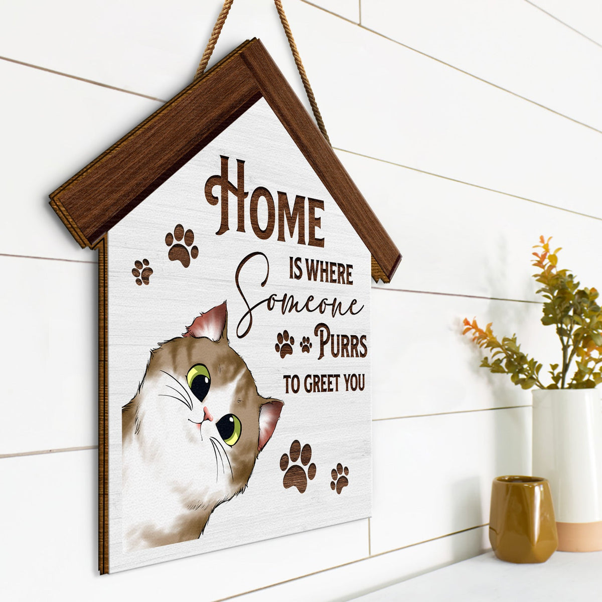 Home Is Where Someone Purrs To Greet You - Birthday, Decor Gift For Cat Lovers, Cat Moms, Cat Dads, Pet Lovers - Personalized Custom Shaped Wood Sign