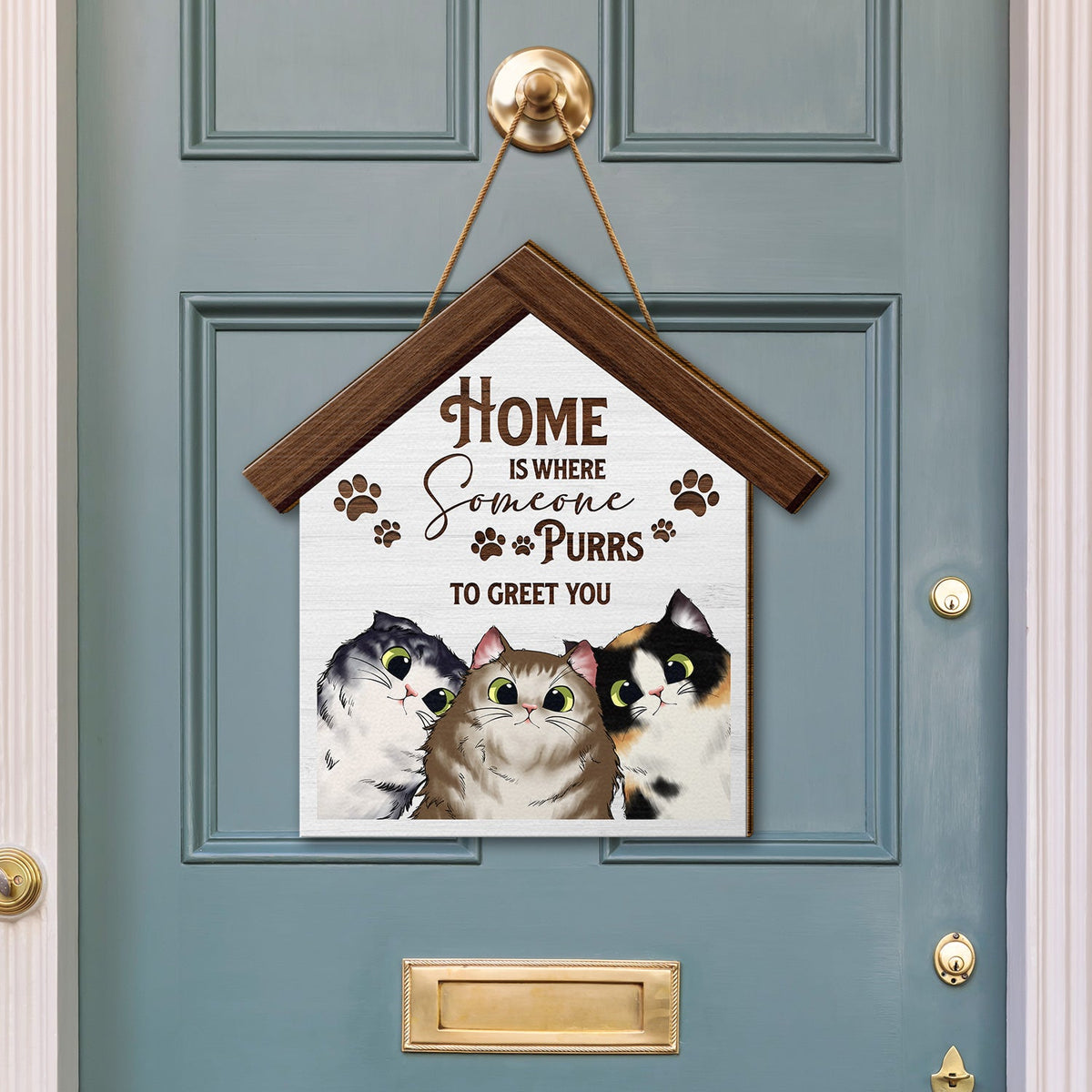 Home Is Where Someone Purrs To Greet You - Birthday, Decor Gift For Cat Lovers, Cat Moms, Cat Dads, Pet Lovers - Personalized Custom Shaped Wood Sign