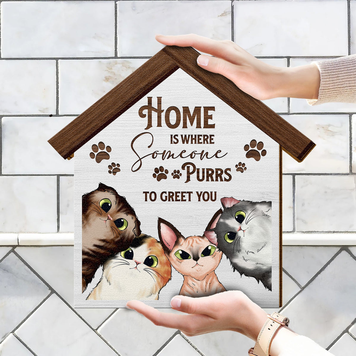 Home Is Where Someone Purrs To Greet You - Birthday, Decor Gift For Cat Lovers, Cat Moms, Cat Dads, Pet Lovers - Personalized Custom Shaped Wood Sign