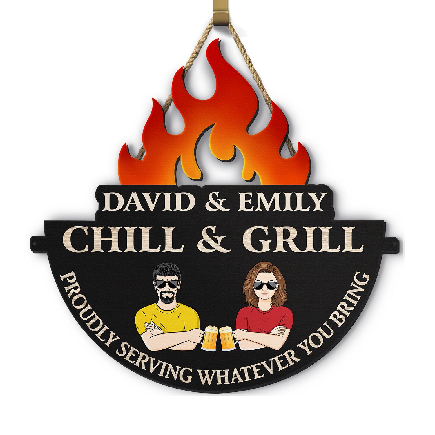 Chill & Grill Proudly Serving What Ever You Bring - Outdoor Decor, Backyard Sign, Gift For Couples - Personalized Custom Shaped Wood Sign