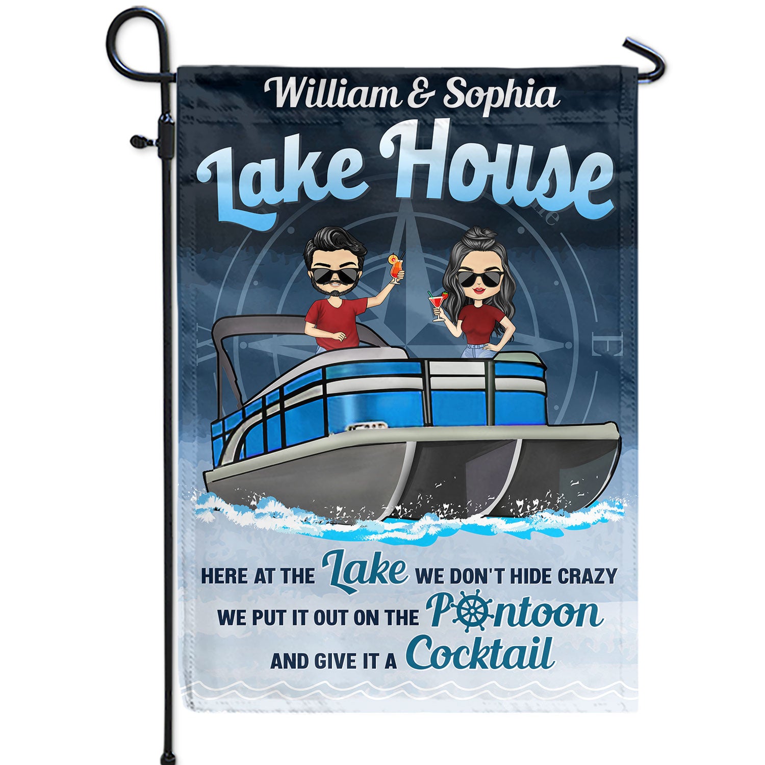 Pontoon Here At The Lake We Don't Hide Crazy - Home Decor, Backyard Decor, Lake House Decor, Gift For Pontooning Lovers, Couples, Husband, Wife - Personalized Custom Flag