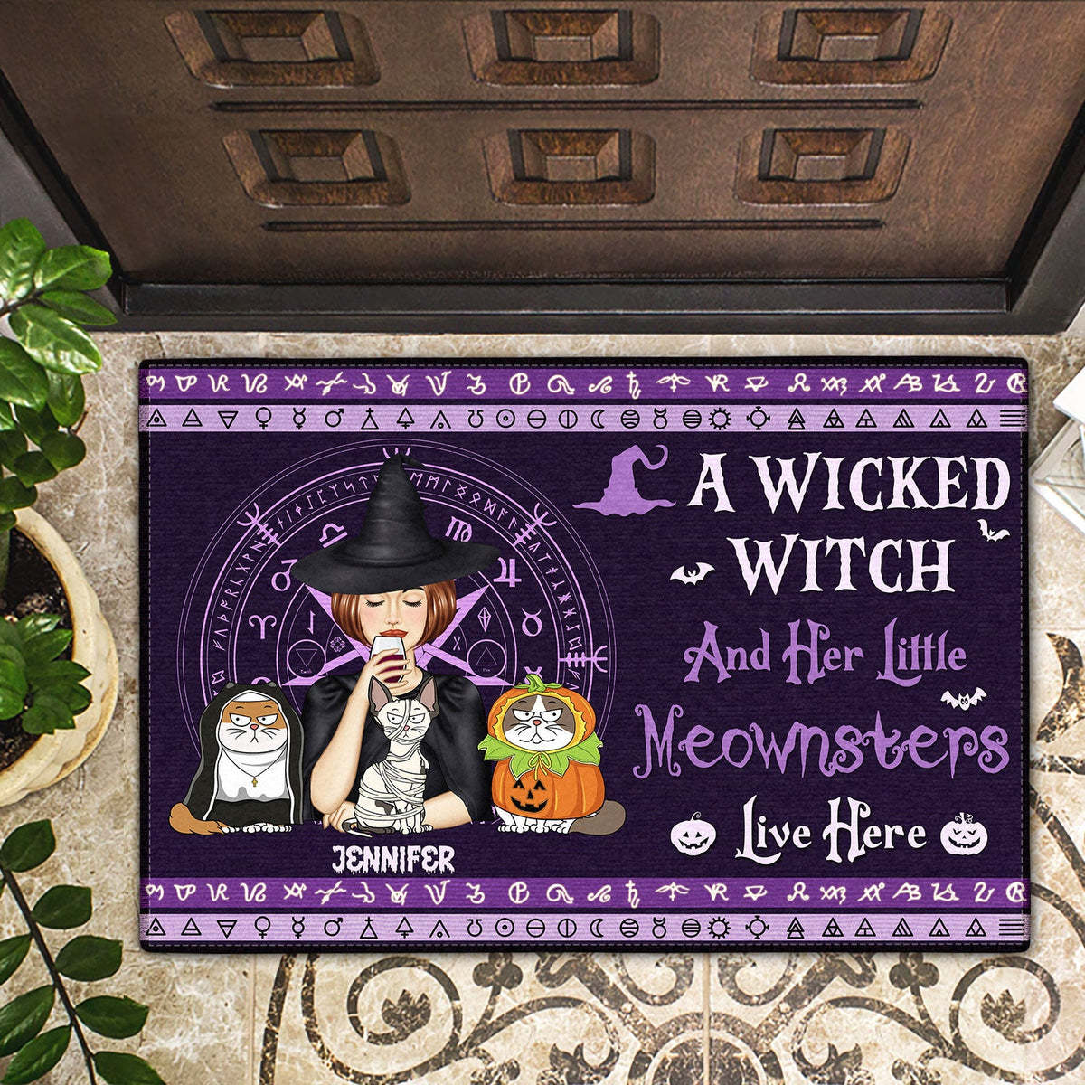 A Wicked Witch And Her Little Meownsters Live Here - Halloween Home Decor Gift For Cat Lovers, Women, Yourself - Personalized Doormat