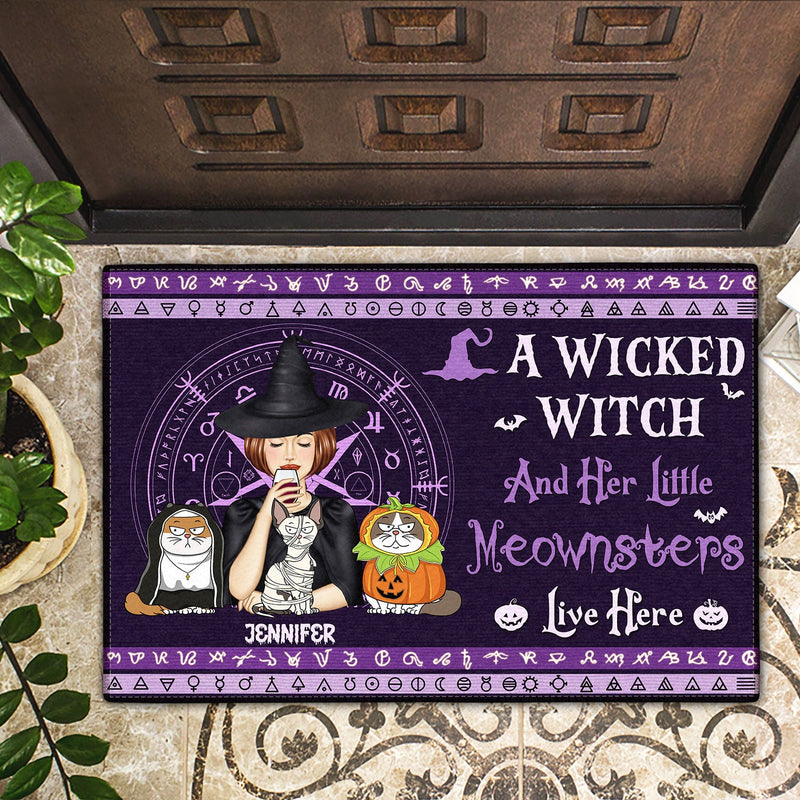 A Wicked Witch And Her Little Meownsters Live Here - Halloween Home Decor Gift For Cat Lovers, Women, Yourself - Personalized Doormat
