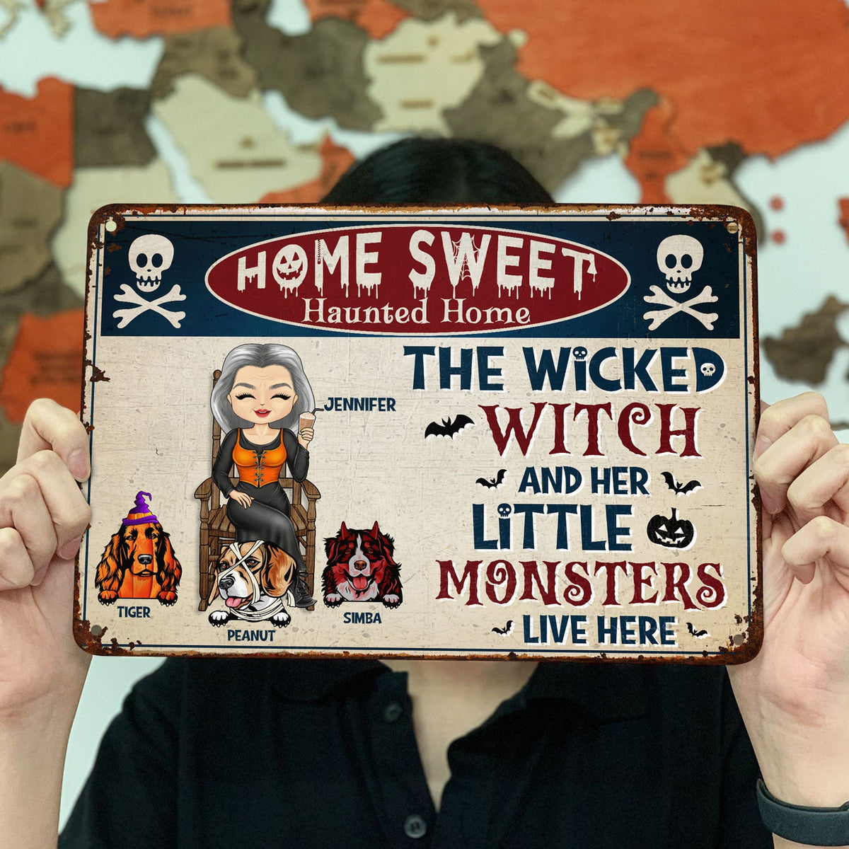 La méchante sorcière et ses petits monstres vivent ici - Panneau de jardin, décoration d'intérieur pour Halloween, cadeau pour les amoureux des chiens - Panneaux métalliques classiques personnalisés