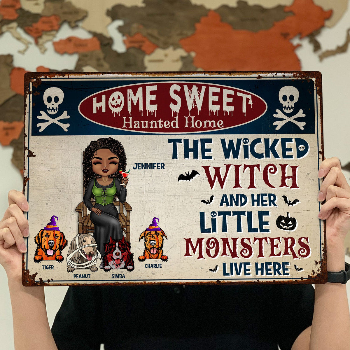 La méchante sorcière et ses petits monstres vivent ici - Panneau de jardin, décoration d'intérieur pour Halloween, cadeau pour les amoureux des chiens - Panneaux métalliques classiques personnalisés