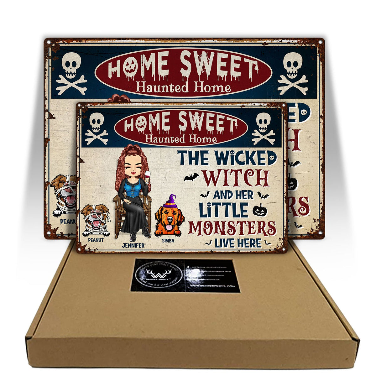 La méchante sorcière et ses petits monstres vivent ici - Panneau de jardin, décoration d'intérieur pour Halloween, cadeau pour les amoureux des chiens - Panneaux métalliques classiques personnalisés