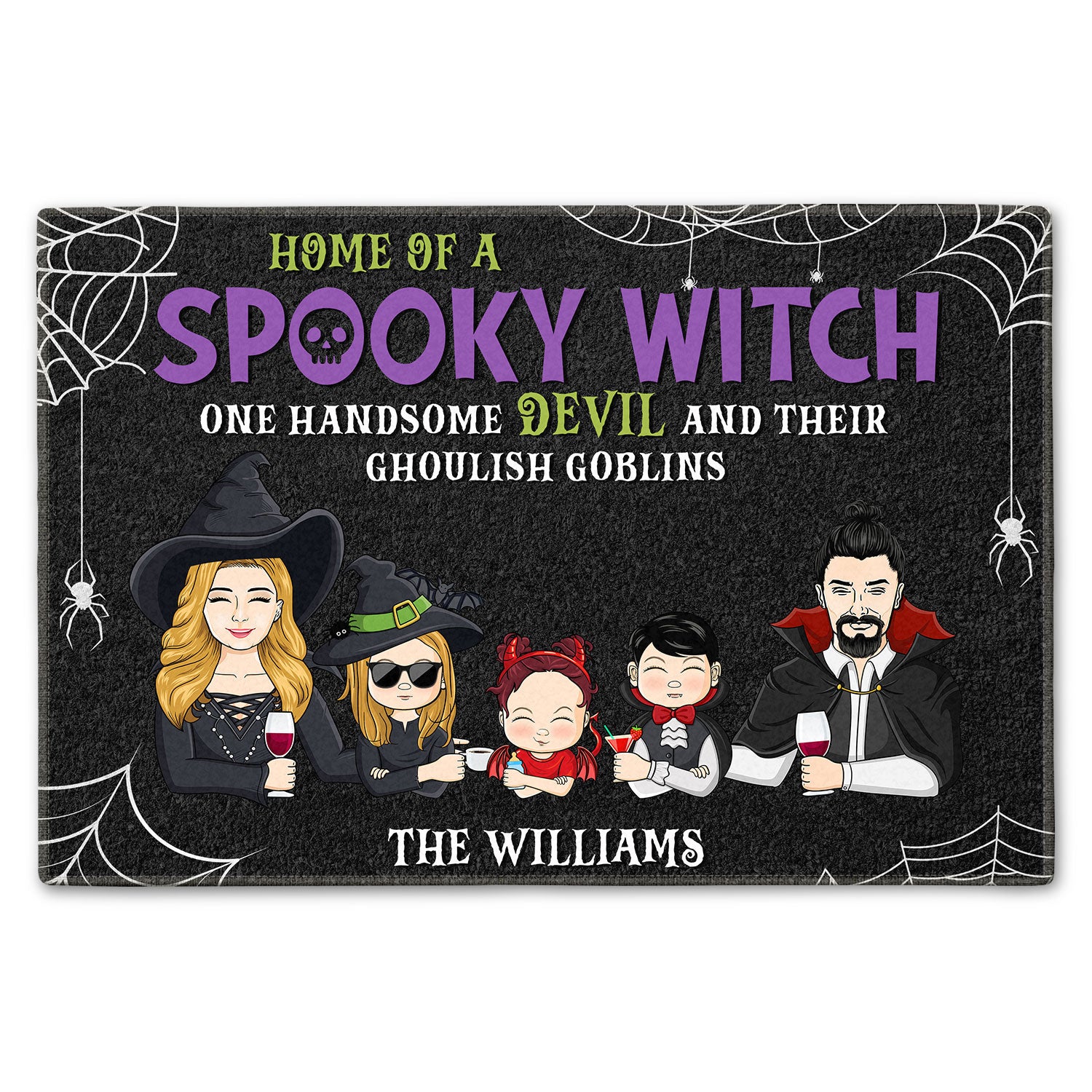 Home Of A Spooky Witch, One Handsome Devil & Their Ghoulish Goblins - Halloween Home Decor Gift For Family - Personalized Doormat