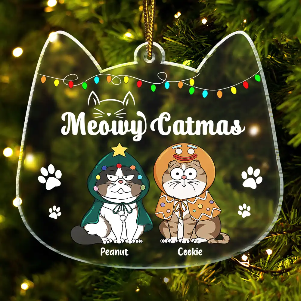 MeowyCatmasFunnyCartoonCats-ChristmasGiftForCatLovers-PersonalizedCustomShapedAcrylicOrnament