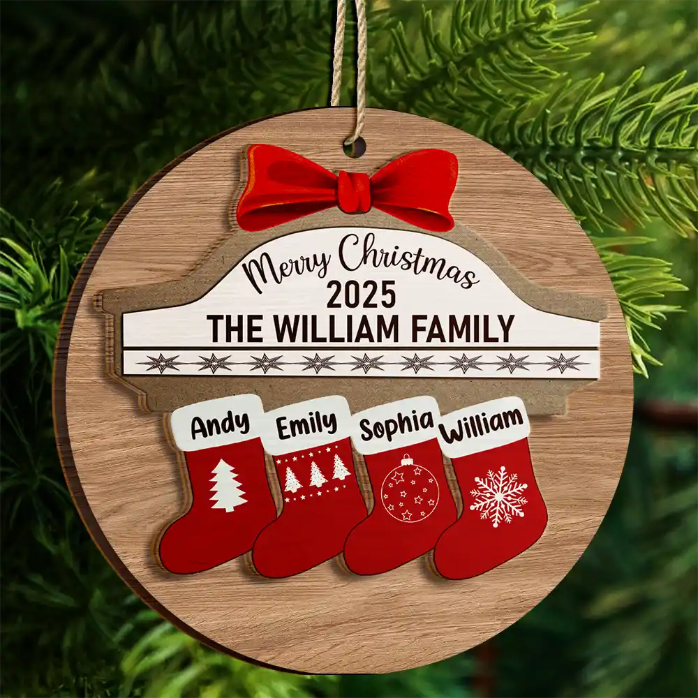 Merry Christmas Stocking Family - Christmas Gift For Family - Personalized 2-Layered Wooden Ornament