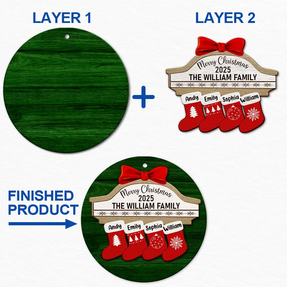 Merry Christmas Stocking Family - Christmas Gift For Family - Personalized 2-Layered Wooden Ornament