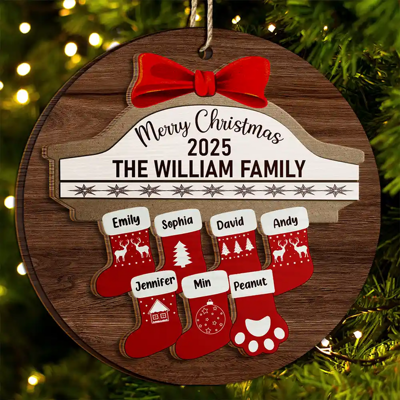 Merry Christmas Stocking Family - Christmas Gift For Family - Personalized 2-Layered Wooden Ornament