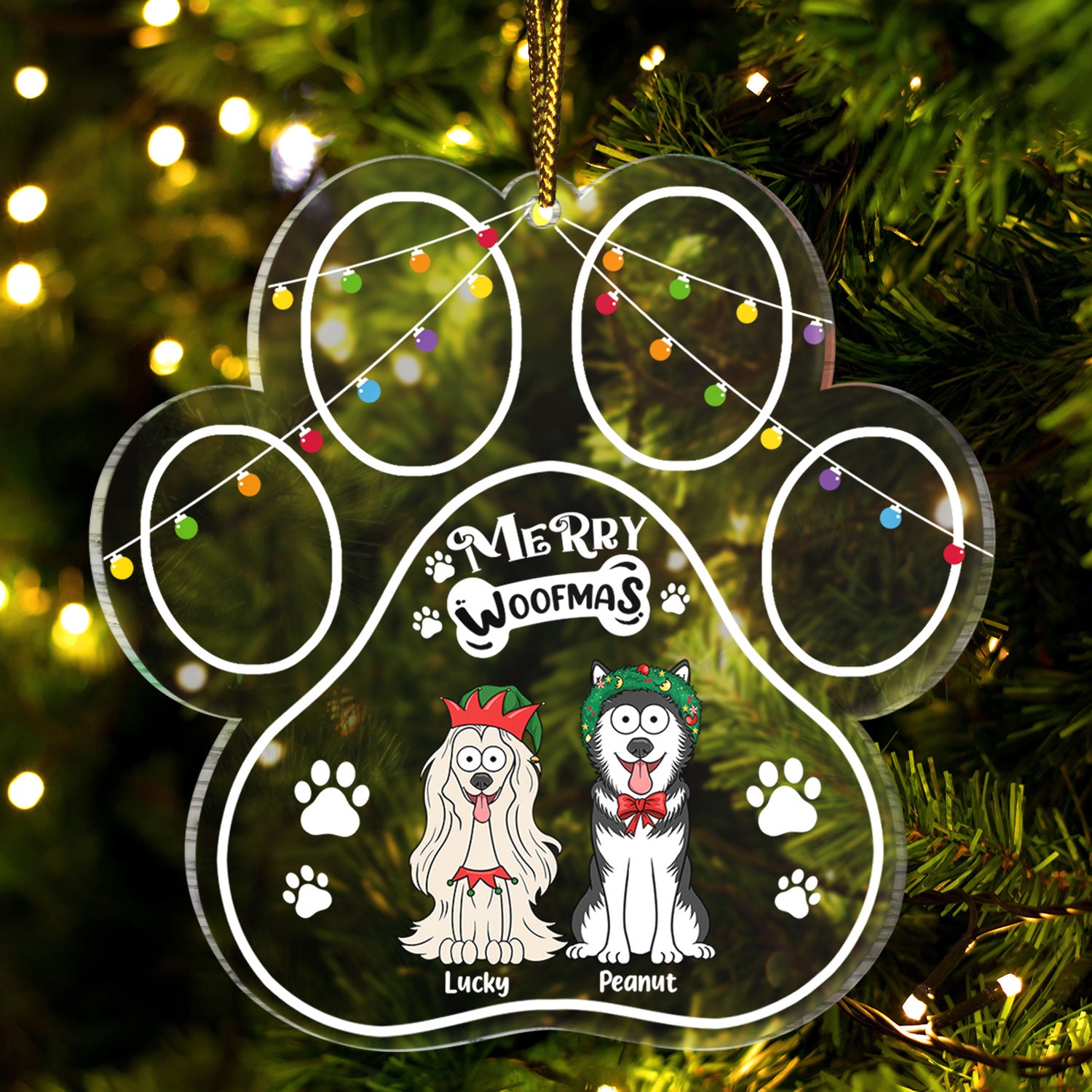 Paw Shape Merry Woofmas Funny Cartoon Dogs - Christmas Gift For Dog Lovers - Personalized Custom Shaped Acrylic Ornament