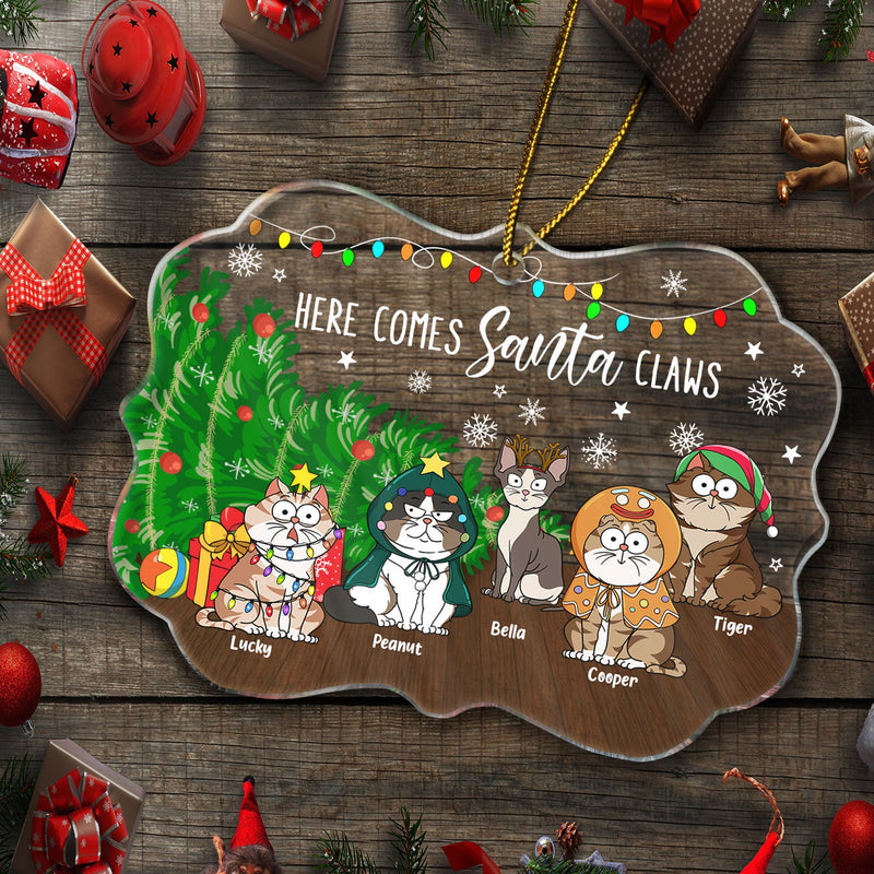 Here Comes Santa Claws Funny Cartoon Cats - Christmas Gift For Cat Lovers - Personalized Medallion Acrylic Ornament