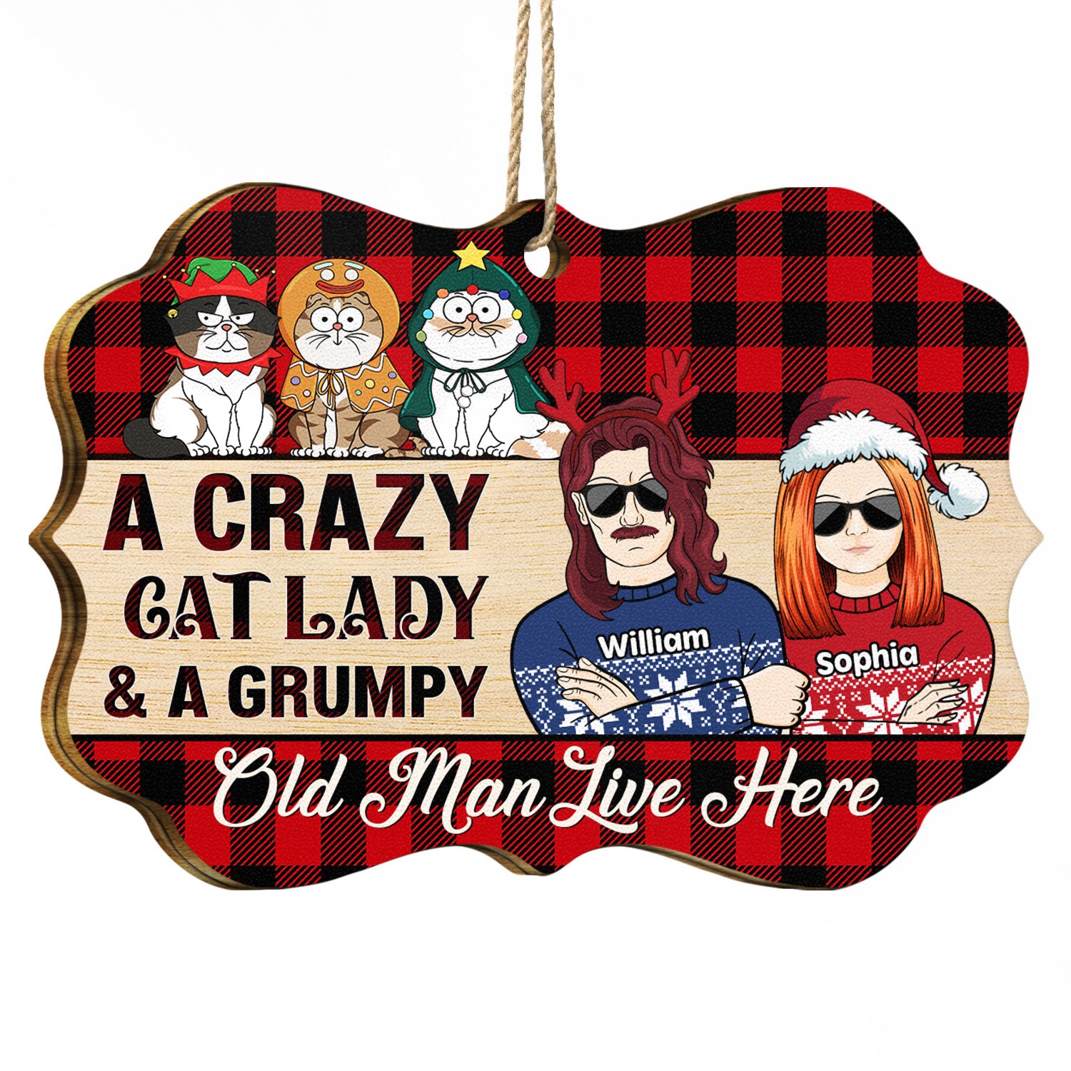 Crazy Cat Lady & Grumpy Old Man Live Here Funny Cartoon Cats - Christmas Gift For Cat Couples, Husband, Wife - Personalized Medallion Wooden Ornament