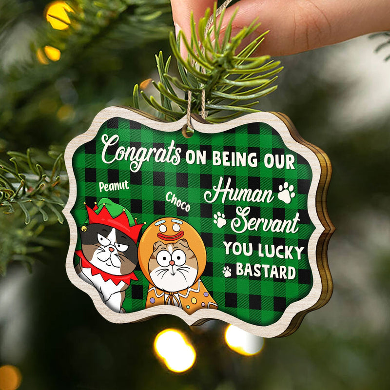 Funny Cartoon Cats Congrats On Being My Human Servant - Christmas Gift For Cat Lovers - Personalized Medallion Wooden Ornament