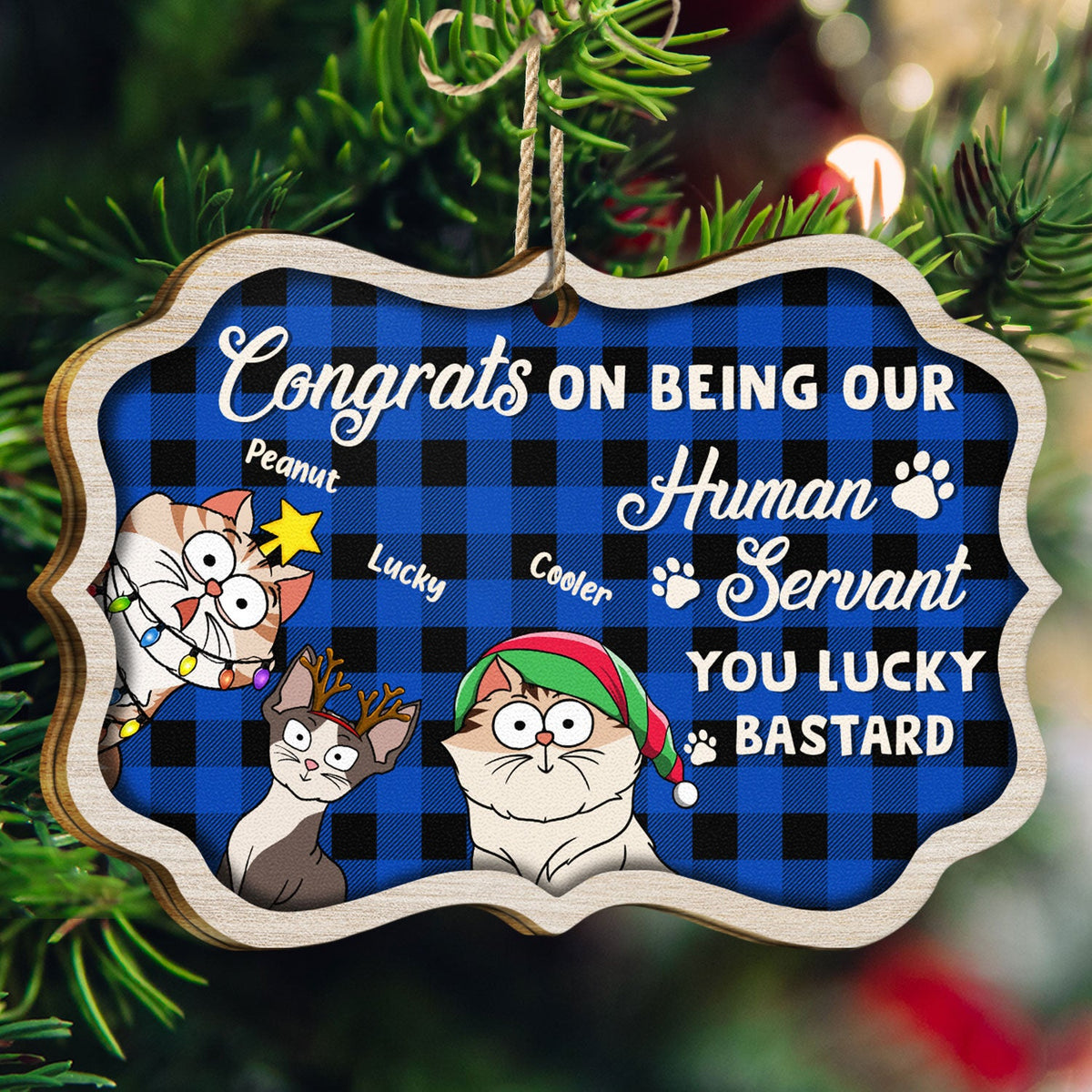 Funny Cartoon Cats Congrats On Being My Human Servant - Christmas Gift For Cat Lovers - Personalized Medallion Wooden Ornament