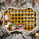 Funny Cartoon Cats Congrats On Being My Human Servant - Christmas Gift For Cat Lovers - Personalized Medallion Wooden Ornament
