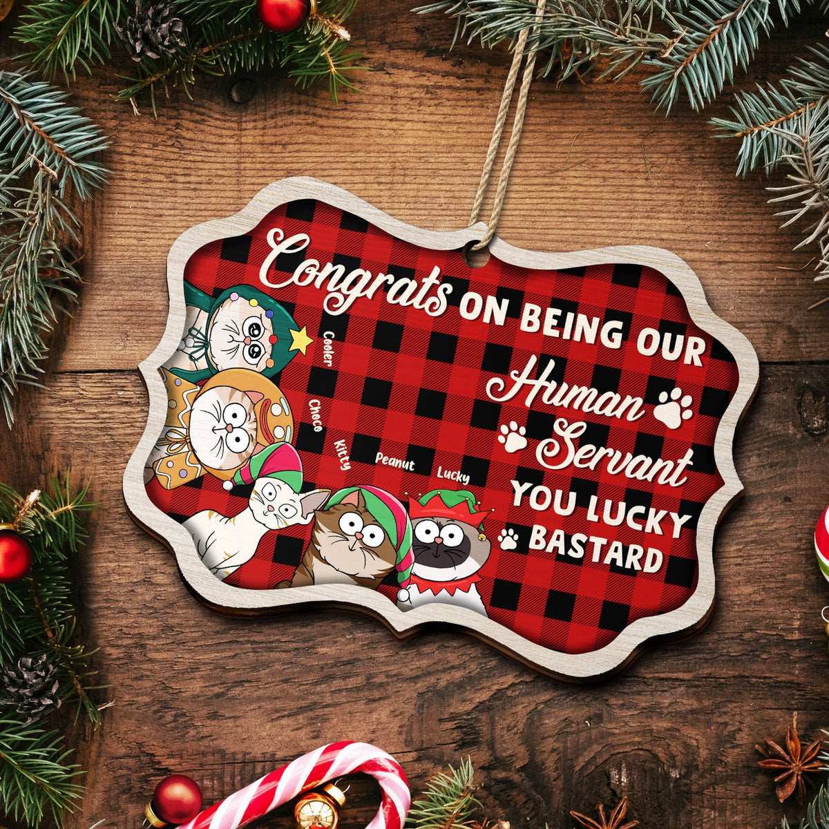 Funny Cartoon Cats Congrats On Being My Human Servant - Christmas Gift For Cat Lovers - Personalized Medallion Wooden Ornament