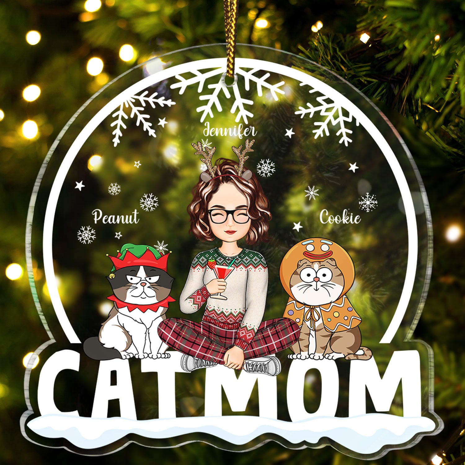 Cat Mom Funny Cartoon Cats Snowdome - Christmas Gift For Cat Lovers - Personalized Custom Shaped Acrylic Ornament
