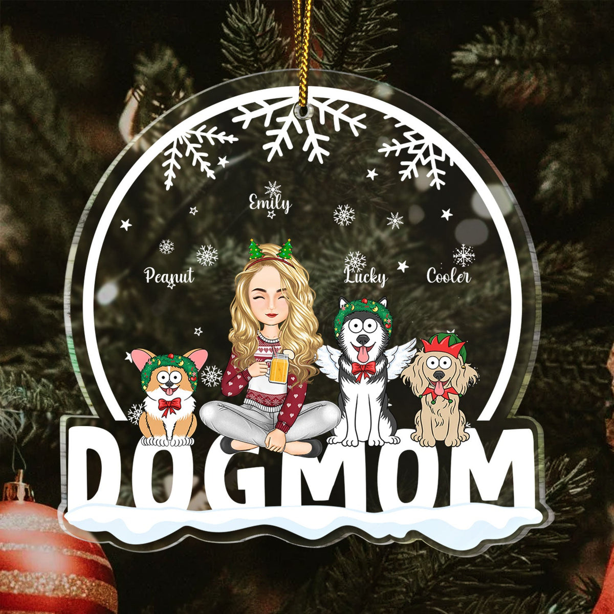 Dog Mom Funny Cartoon Dogs Snowdome - Christmas Gift For Dog Lovers - Personalized Custom Shaped Acrylic Ornament