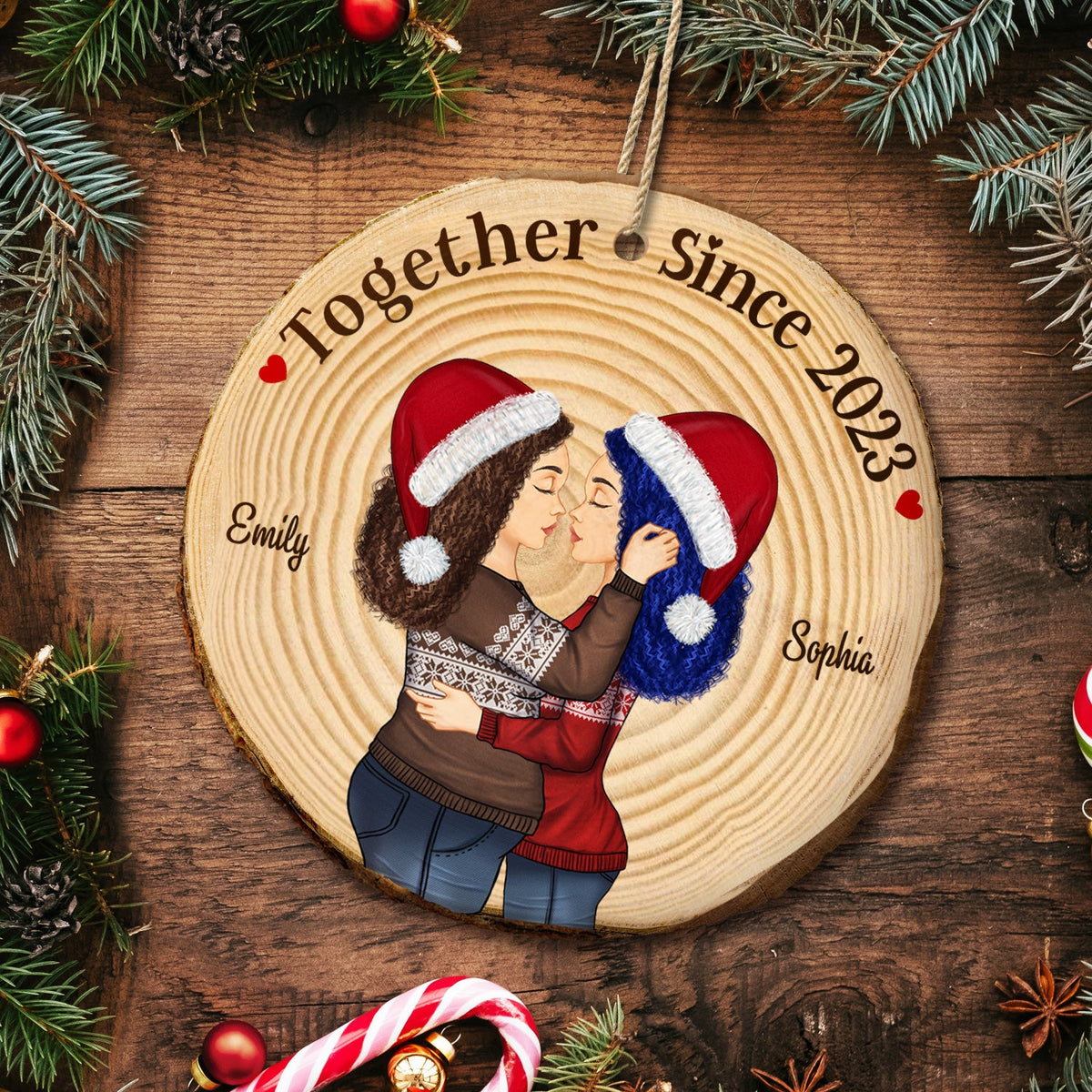 Couple ensemble depuis - Anniversaire, cadeau de Noël pour conjoint, amant, mari, femme, petit ami, petite amie - Ornement en tranche de bois personnalisé