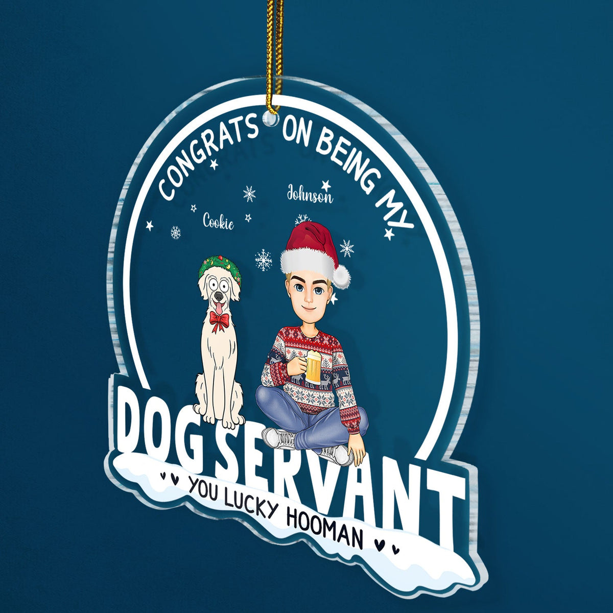 Félicitations pour être mon chien serviteur, style dessin animé amusant ! Cadeau de Noël pour les amoureux des chiens, les mamans et les papas ! Décoration acrylique personnalisée en forme de cœur.