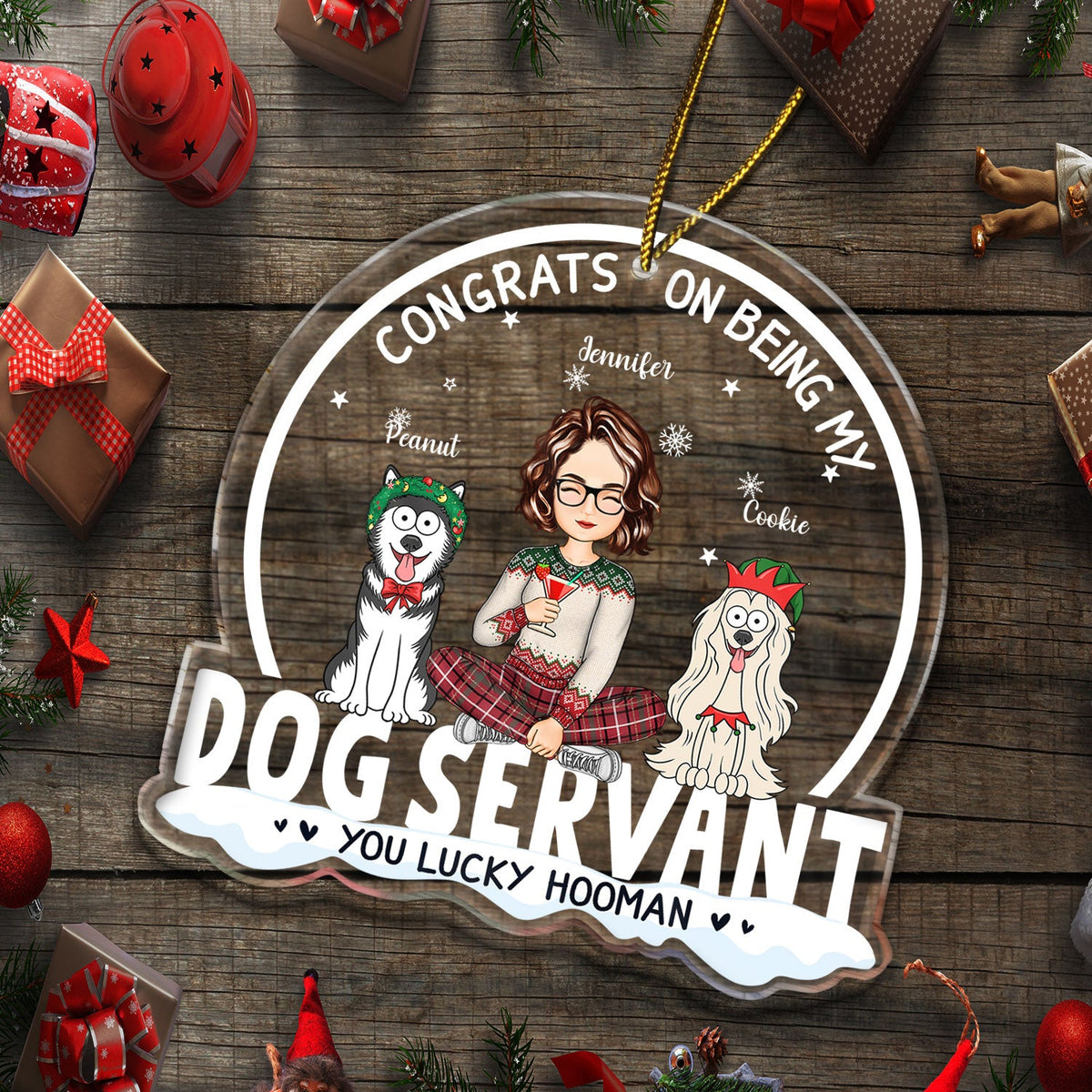 Félicitations pour être mon chien serviteur, style dessin animé amusant ! Cadeau de Noël pour les amoureux des chiens, les mamans et les papas ! Décoration acrylique personnalisée en forme de cœur.