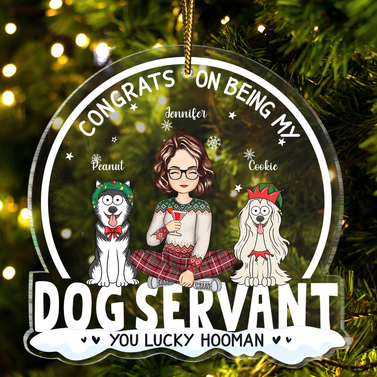 Félicitations pour être mon chien serviteur, style dessin animé amusant ! Cadeau de Noël pour les amoureux des chiens, les mamans et les papas ! Décoration acrylique personnalisée en forme de cœur.