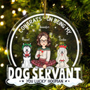Félicitations pour être mon chien serviteur, style dessin animé amusant ! Cadeau de Noël pour les amoureux des chiens, les mamans et les papas ! Décoration acrylique personnalisée en forme de cœur.