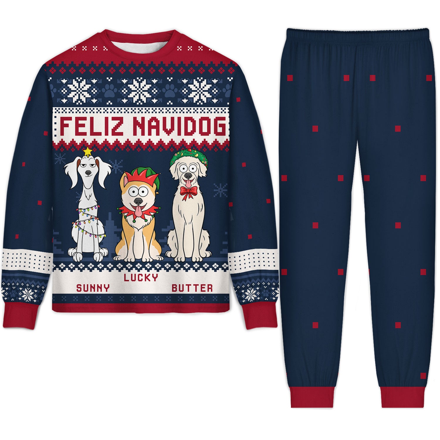 Feliz Navidog Merry Woofmas Funny Cartoon Dogs - Christmas Gift For Dog Lovers - Personalized Unisex Pajamas Set