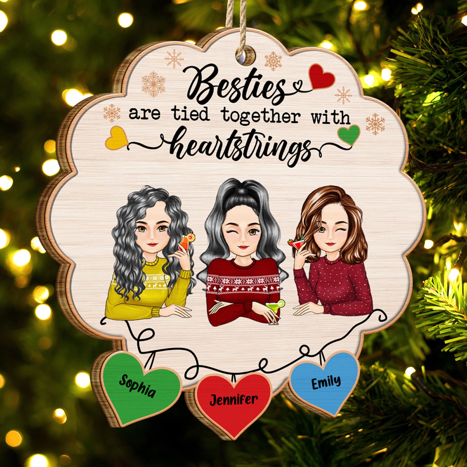 Besties Are Tied Together With Heartstrings - Christmas Gift For BFF Best Friends, Sisters - Personalized Custom Shaped Wooden Ornament