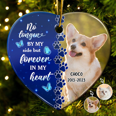 Photo personnalisée chien chat pour toujours dans mon cœur - Souvenir de Noël, cadeau commémoratif pour les amoureux des animaux - Ornement en céramique en forme de cœur personnalisé