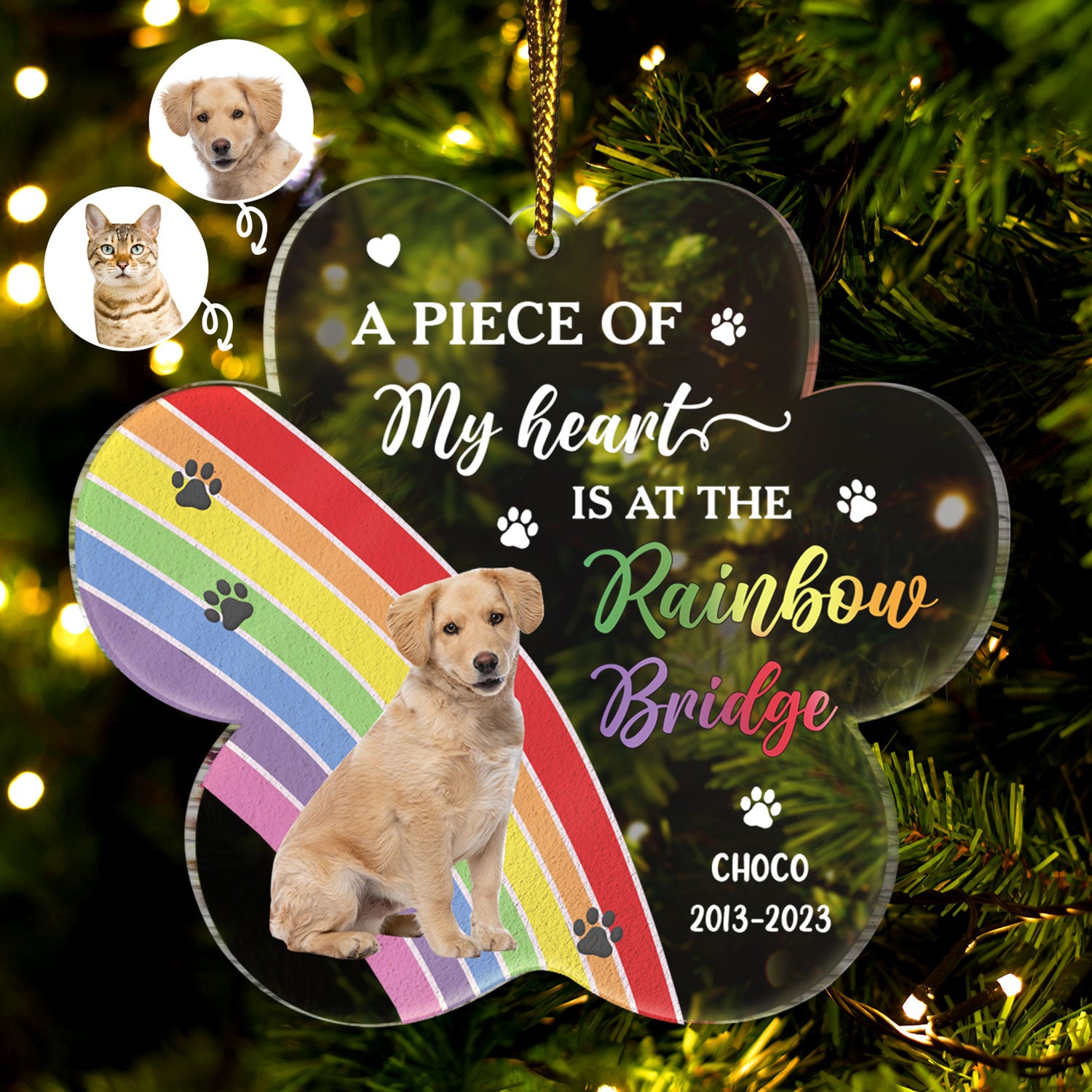 Custom Photo Dog Cat At The Rainbow Bridge - Christmas Keepsake, Memorial Gift For Pet Lovers - Personalized Custom Shaped Acrylic Ornament