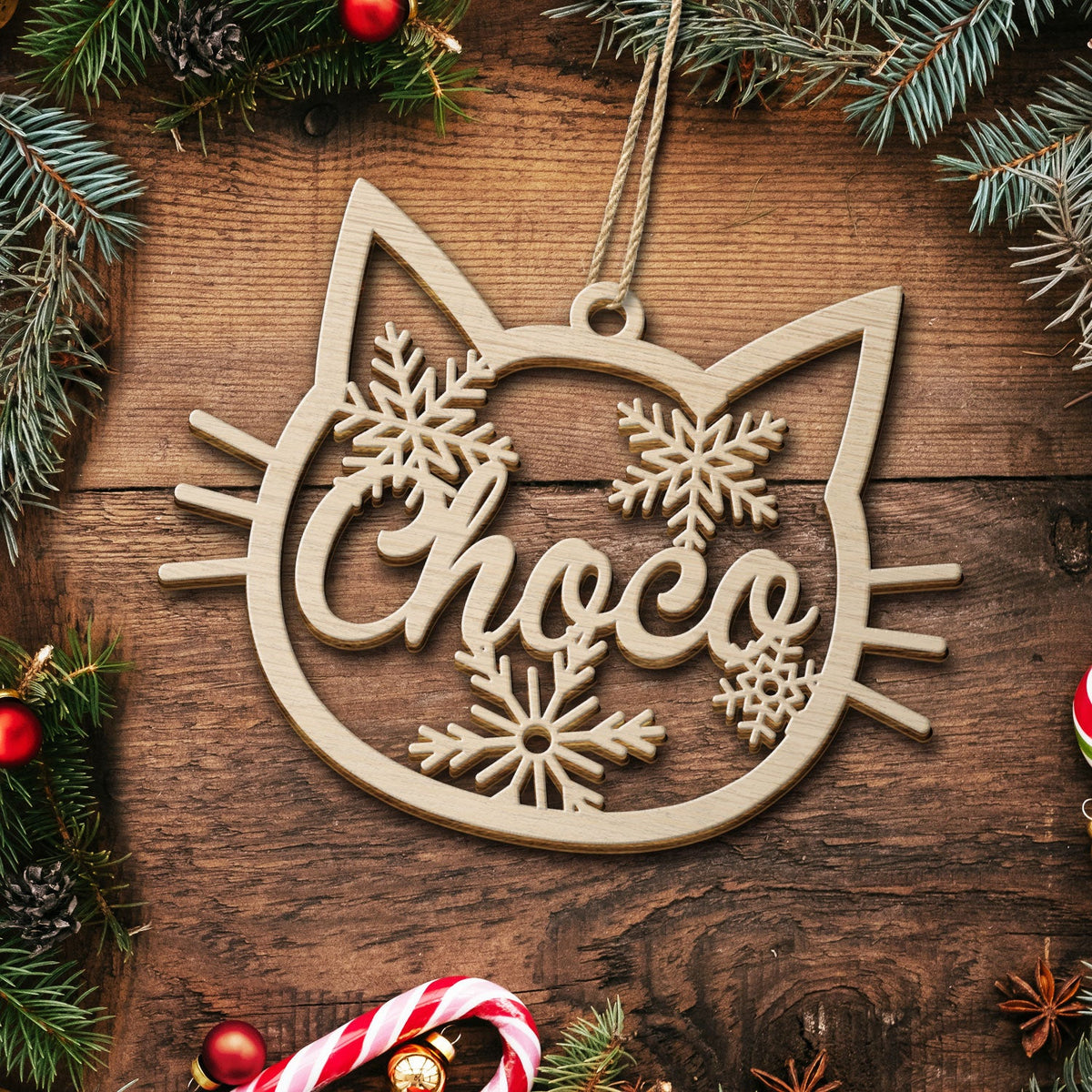 Cat Face Custom Name - Christmas Gift For Cat Lovers - Personalized Wooden Cutout Ornament