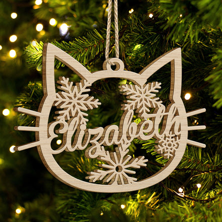 Cat Face Custom Name - Christmas Gift For Cat Lovers - Personalized Wooden Cutout Ornament