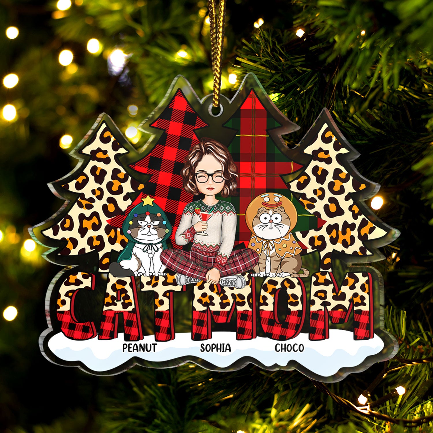 Cat Mom Leopard Christmas Tree - Gift For Cat Lovers - Personalized Custom Shaped Acrylic Ornament