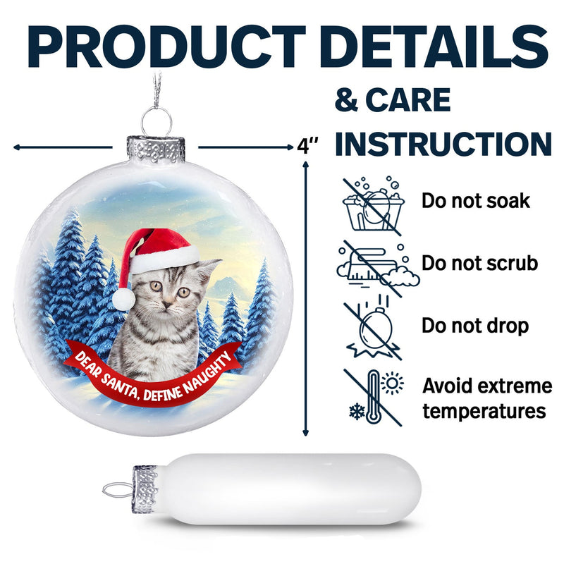 Custom Photo Dog Cat Dear Santa Define Naughty - Christmas Gift For Pet Lovers - Personalized White Flat Ball Ornament