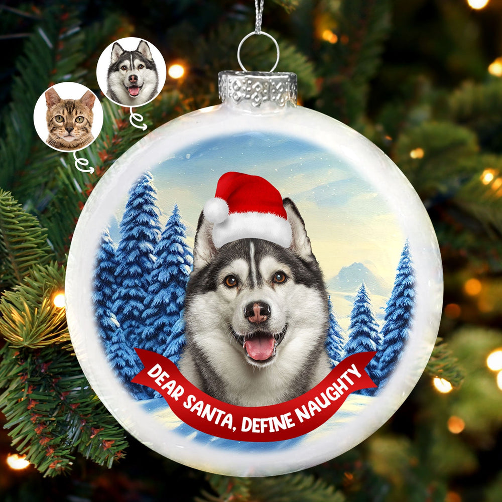 Custom Photo Dog Cat Dear Santa Define Naughty - Christmas Gift For Pet Lovers - Personalized White Flat Ball Ornament