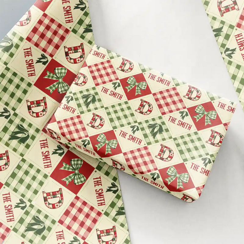 Family,Gift For Bestie,Happy - Patchwork Initial Custom Name With Bow And Plaid - Personalized Wrapping Paper