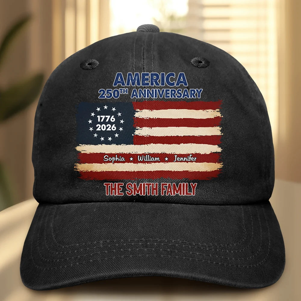 Patriotic 250th Anniversary Family Names - Personalized Vintage Washed Denim Cap