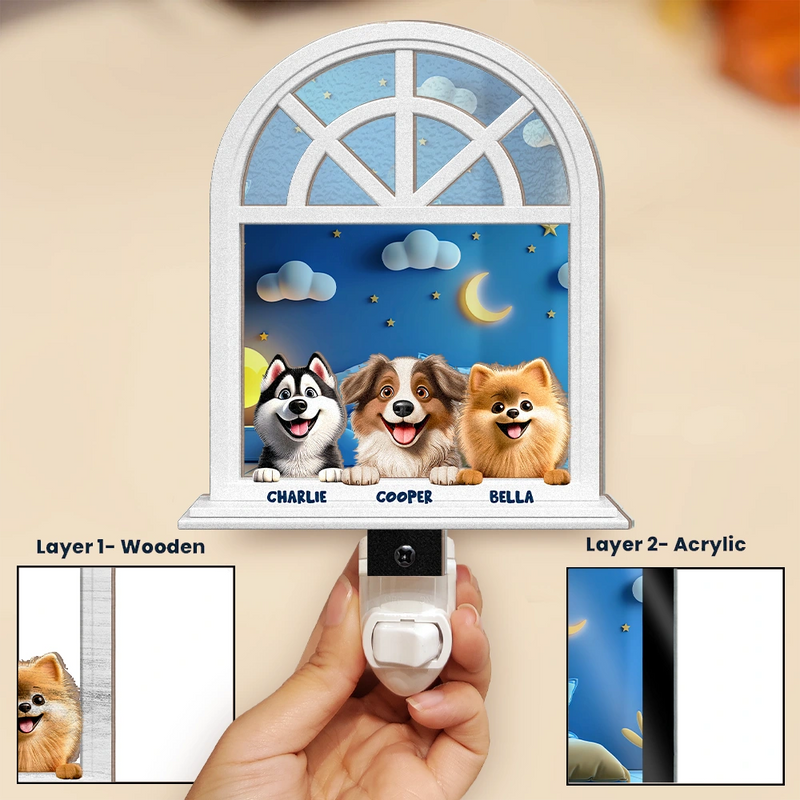 Dog Lovers,Dog Mom,Dog Dad,Happy,Christmas - Paw Guards In The Windowsill - Personalized Plug-in Night Light