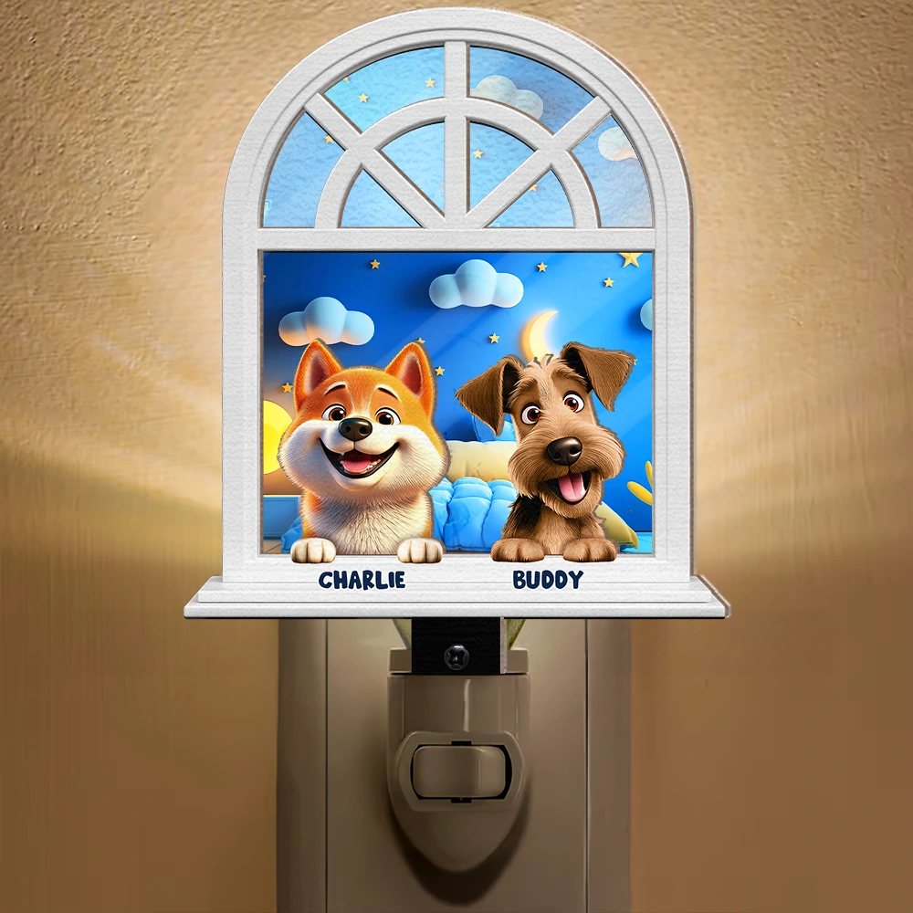 Dog Lovers,Dog Mom,Dog Dad,Happy,Christmas - Paw Guards In The Windowsill - Personalized Plug-in Night Light