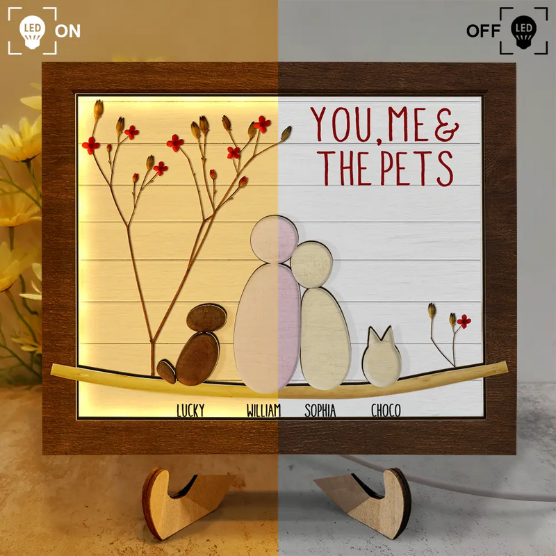 Gift For Couples,Gift For Husband,Gift For Wife,Gift For Boyfriend,Gift For Girlfriend,Pet Lovers,Pet Couple,Dog Lovers,Dog Couple,Cat Lovers,Cat Couple,Love,Christmas - Pebble Couple You Me And The Dog Cat - Personalized LED Light Wooden Plaque