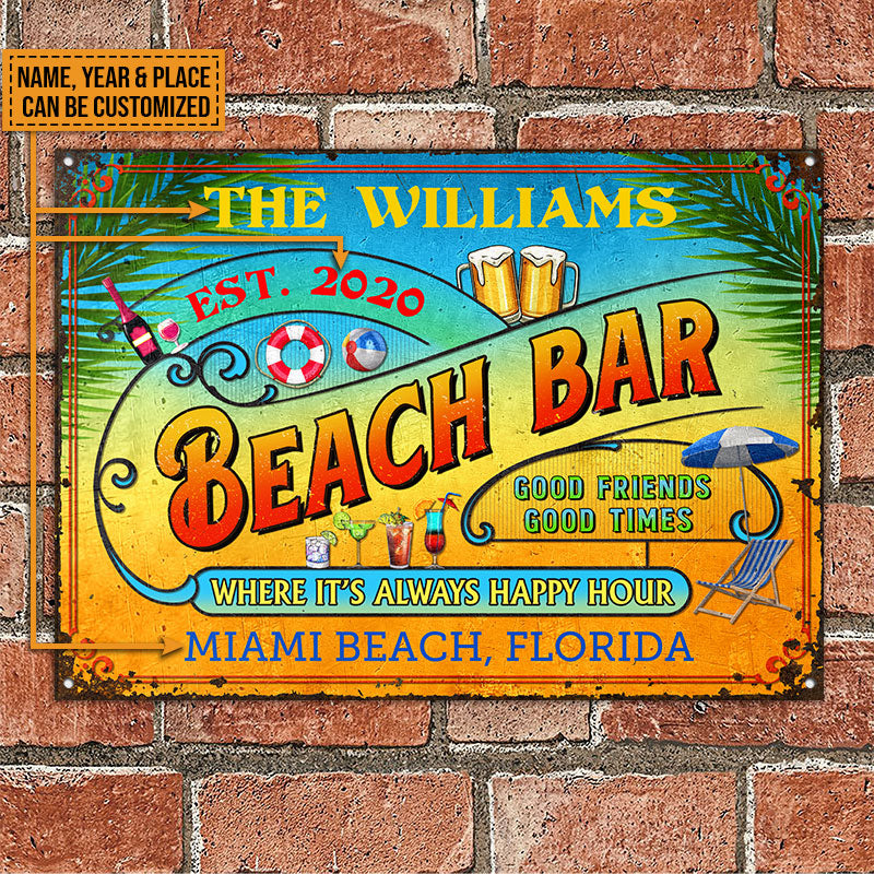 Personalized Beach Bar Always Happy Hour Custom Classic Metal Signs