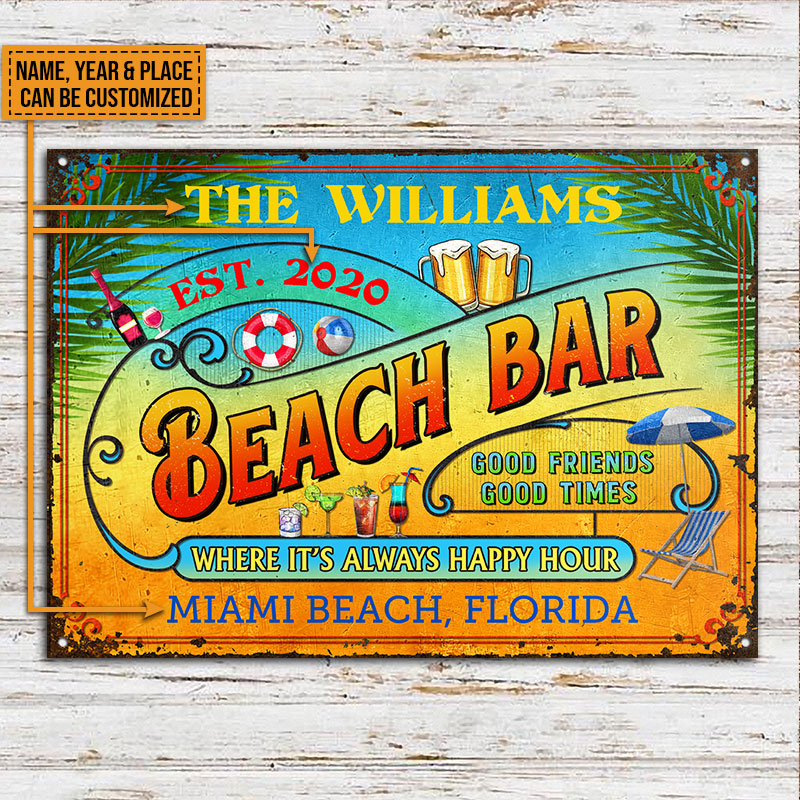 Personalized Beach Bar Always Happy Hour Custom Classic Metal Signs