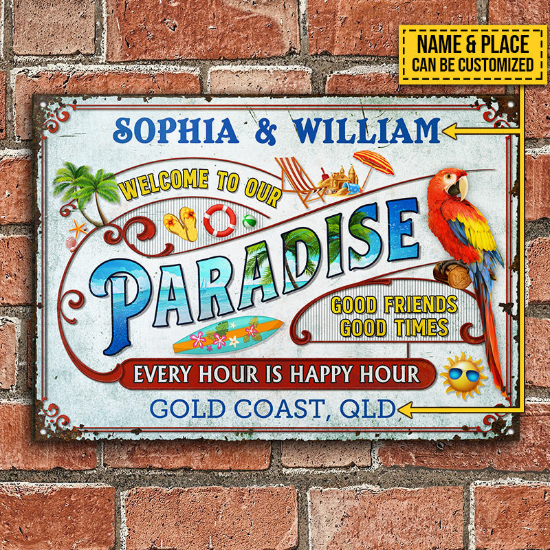 Personalized Beach Surfing Our Paradise Customized Classic Metal Signs