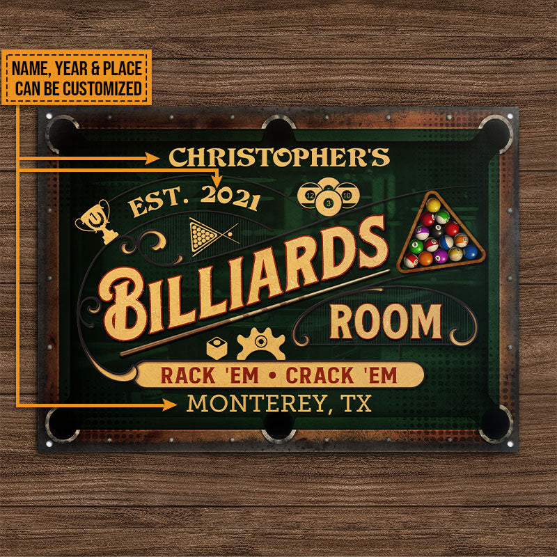 Personalized Billiards Rack 'Em Crack 'Em Custom Classic Metal Signs