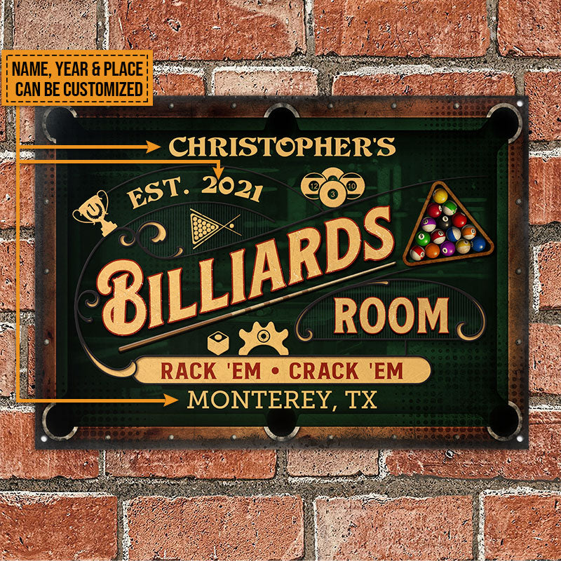 Personalized Billiards Rack 'Em Crack 'Em Custom Classic Metal Signs