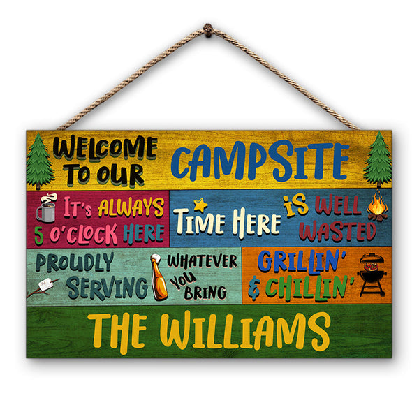 Personalized Camping Proudly Serving Custom Wood Rectangle Sign, Campi